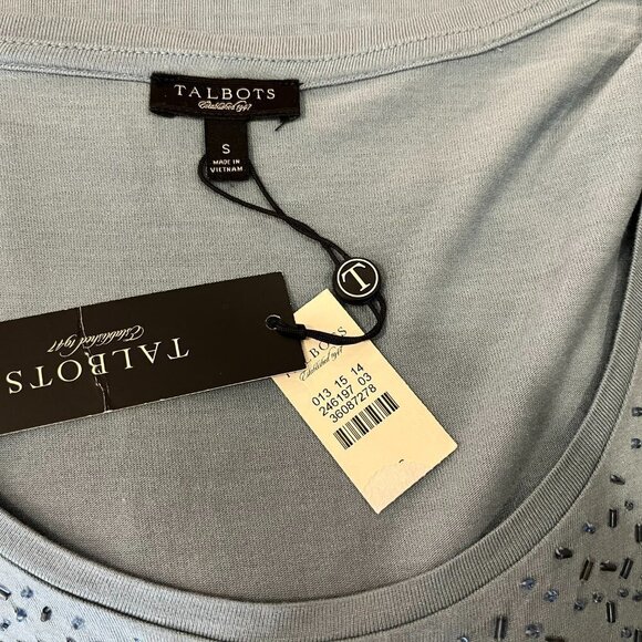 TALBOTS Women's Blue 3/4 Sleeve Beaded Stretch Knit Top - Size Small - NWT. 70% - Picture 4 of 4